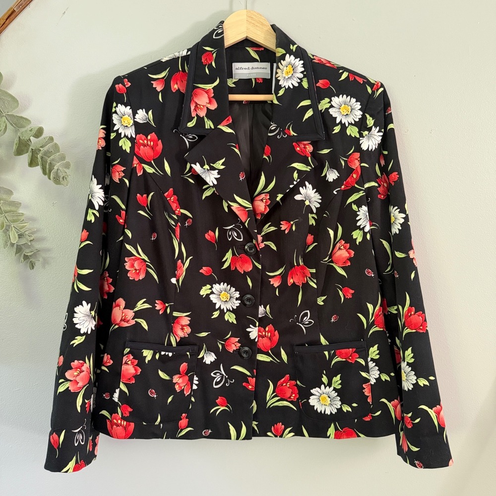 Alfred Dunner Floral Blazer Jacket Cottagecore Black Red Tulip Butterfly Ladybug